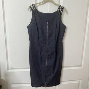 Vintage Together Midi Dress Stretch‎ Denim Zip Front 90s Grunge Womens 10